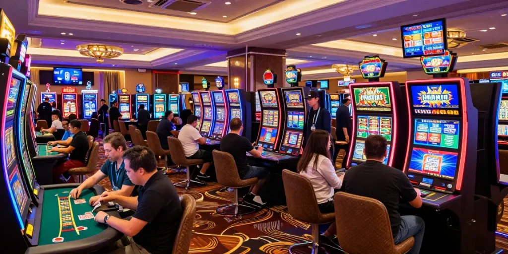 Diverse players enjoying thrilling games at LC88 casino, showcasing vibrant atmosphere and exciting slot machines.
