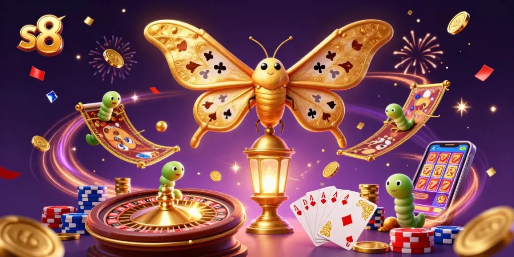 Win big with s8 at this vibrant, dynamic casino scene, featuring a lucky atlas moth and colorful gaming elements.