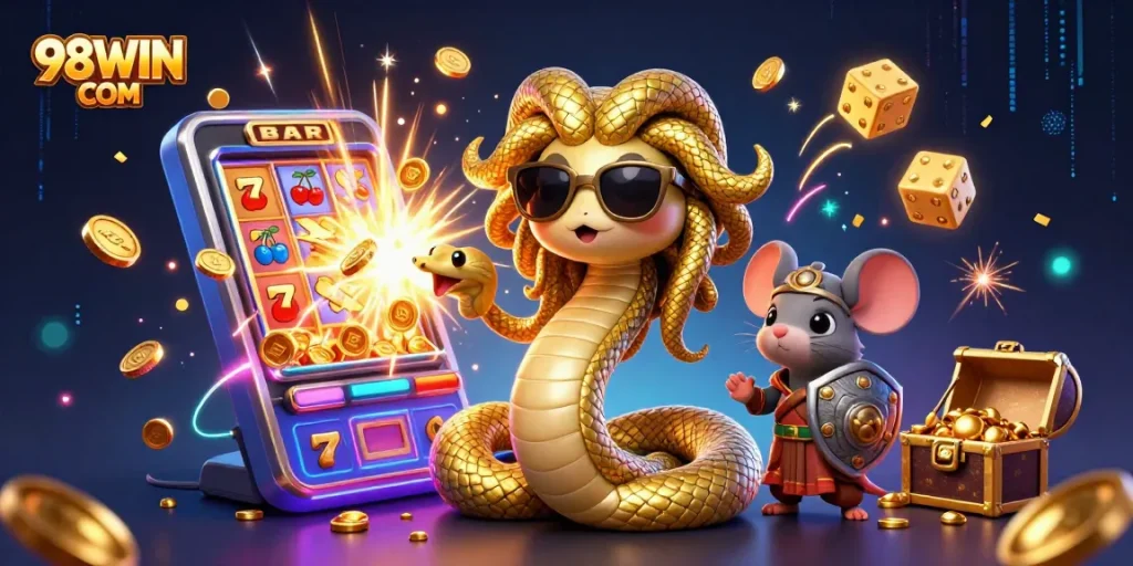 Join the excitement at 98WIN COM with Medusa and a warrior mouse as they celebrate a jackpot!