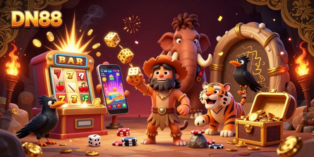 Experience thrilling wins at DN88 casino, featuring a lively caveman duo and exciting slot machines in a vivid prehistoric setting.