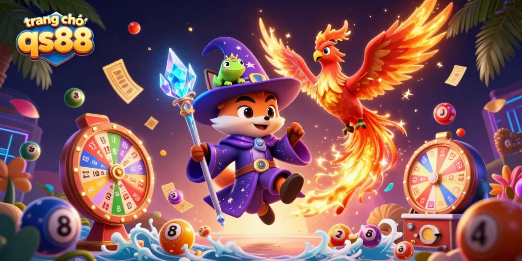 Engage with the vibrant atmosphere at trang chủ qs88 featuring colorful lottery elements and dynamic magical characters.