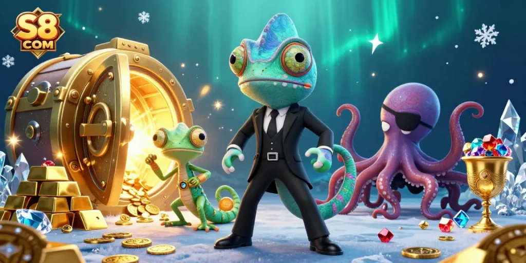 Engage with S8 COM in this dynamic scene of luck and winning treasures at a vibrant casino.