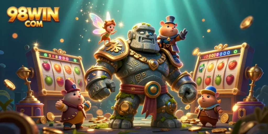 Join the thrill of 98WIN COM with a vibrant illustration showcasing slot reels and magical characters.