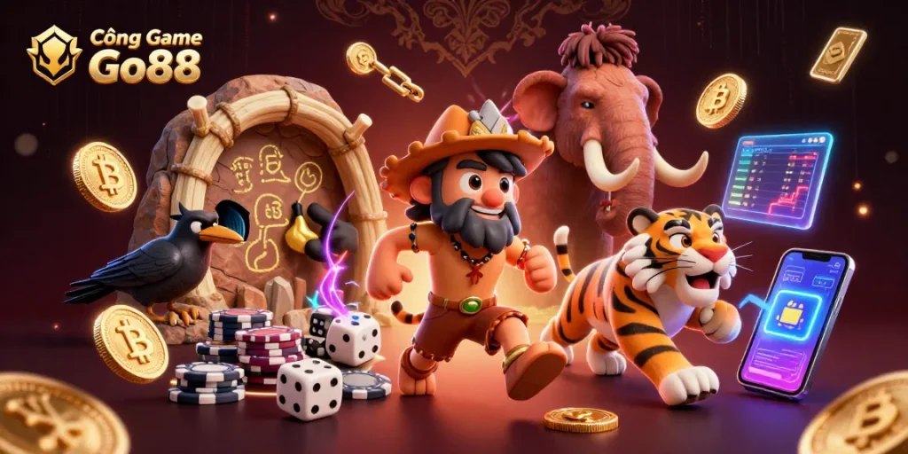 Cổng Game Go88 brings excitement with a lively 3D cartoon scene of cavemen and a tiger managing a prehistoric casino adventure.