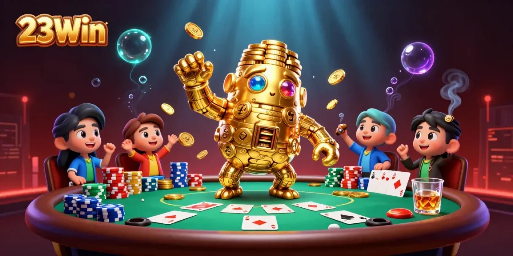 Win big with 23Win featuring unique golden golem and dynamic poker scene.
