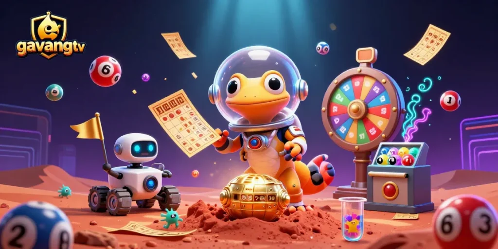 Engage in the excitement of gavangtv with a Martian gecko exploring a golden casino on Mars.