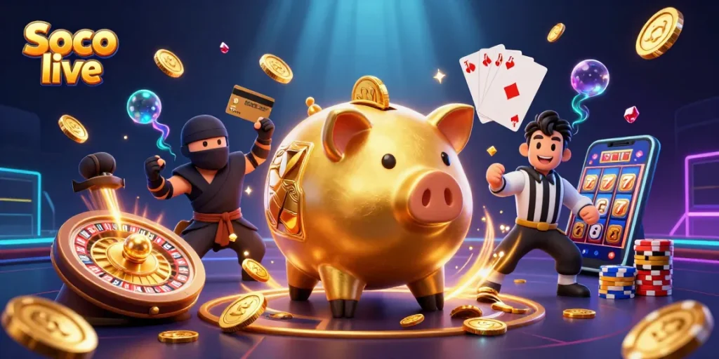 Soco live showcases an intense dynamic scene with a golden piggy bank sumo wrestler, a wallet-ninja, and a credit card samurai in the vibrant casino atmosphere.