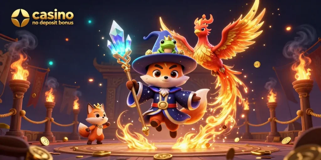 Experience the excitement of casino no deposit bonus with a magical wizard, vibrant phoenix, and dynamic action elements.