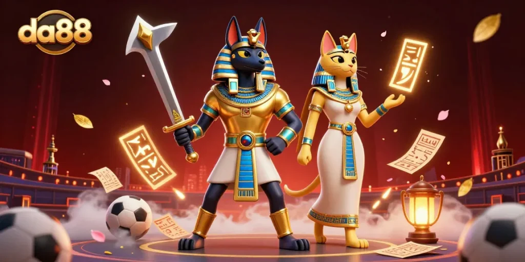 Experience exciting sports betting with da88 featuring Anubis and Bastet amidst vibrant 3D casino elements.