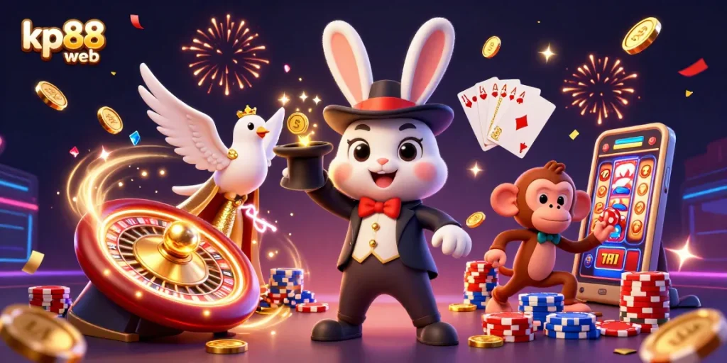 Spin to win at kp88 web with a magical scene featuring a rabbit, dove, and monkey amid golden coins and jewels.