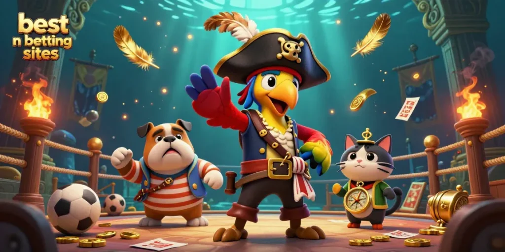 The pirate captain parrot and friends showcase the best nhl betting sites while surrounded by sports balls and game elements.