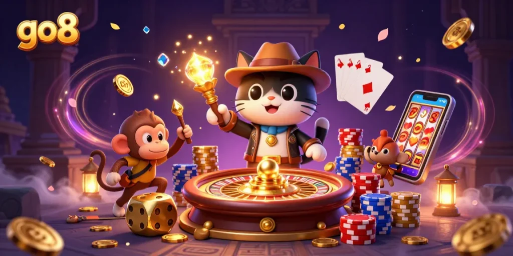 Witness the go8 explorer archaeologist cat uncovering golden casino secrets amid dazzling game elements.