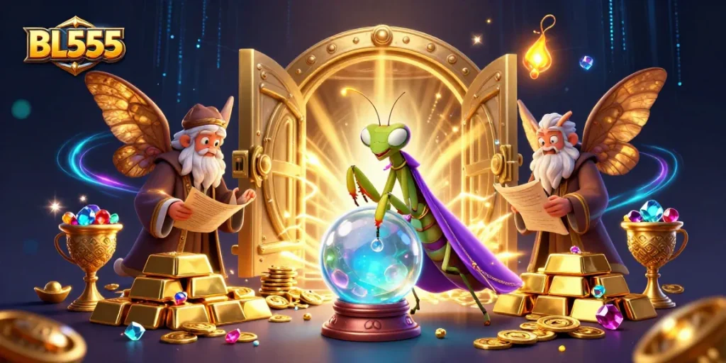 Join the excitement with BL555's fortune-telling mantis and moth librarian in a magical casino world.