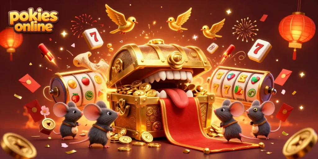 Spin the reels of pokies online in a vibrant 3D treasure scene filled with golden coins and adventure.