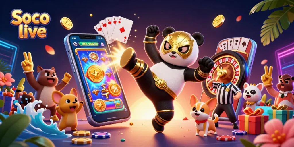 Soco live delivers an exhilarating gaming scene with vivid graphics of a panda wrestler and chihuahua referee in action.
