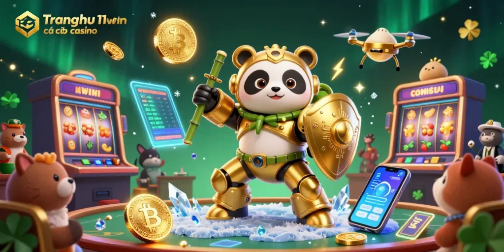 Experience thrilling action at Trang chủ 11win cá cược casino with a mech-suit panda in a vibrant gaming arena.