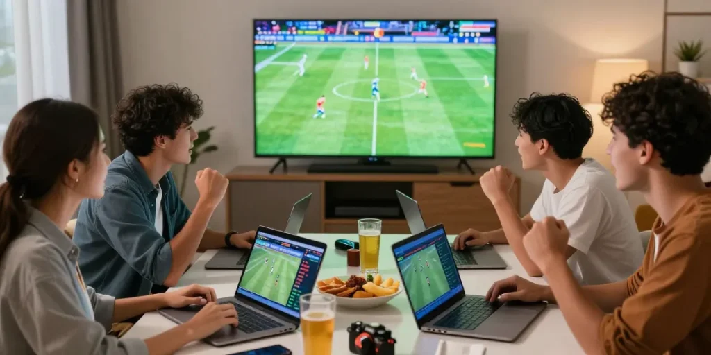 Hikmat judi bola saat menonton pertandingan sepak bola langsung bersama teman-teman.