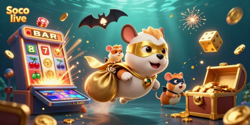 Soco live showcases a thrilling illustration of a dog hero collecting coins in a vibrant casino world.