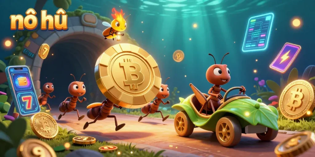 Nổ hũ captivated in a vibrant heist scene with ants, golden chips, and crypto elements.