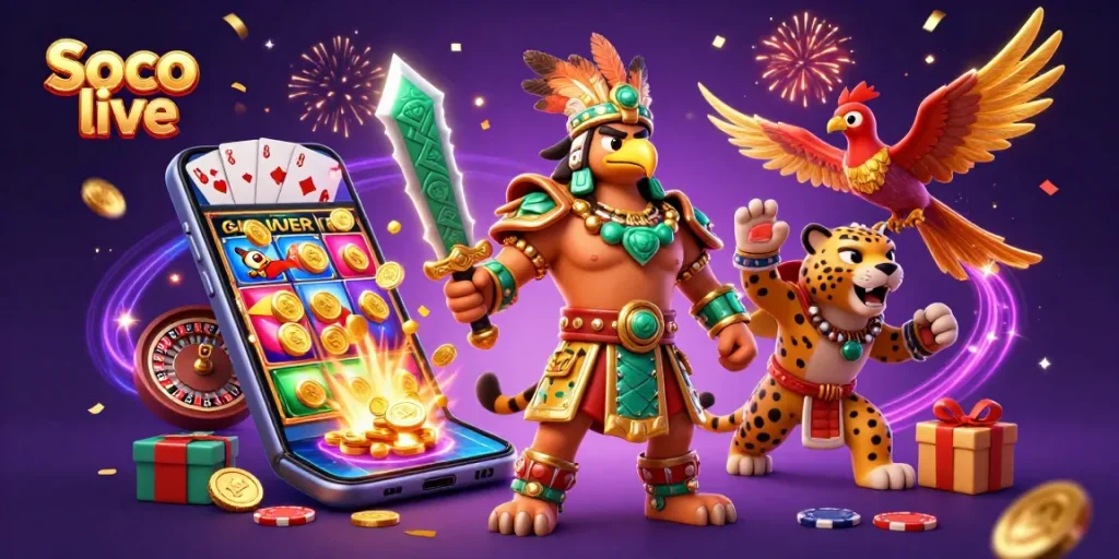 Soco live showcases a vibrant battle between Aztec warrior characters amidst a dramatic gaming backdrop, featuring dynamic slot action.