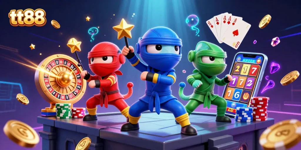 tt88 ninja chameleons showcase martial arts amidst coins and roulette, creating a vibrant casino scene.
