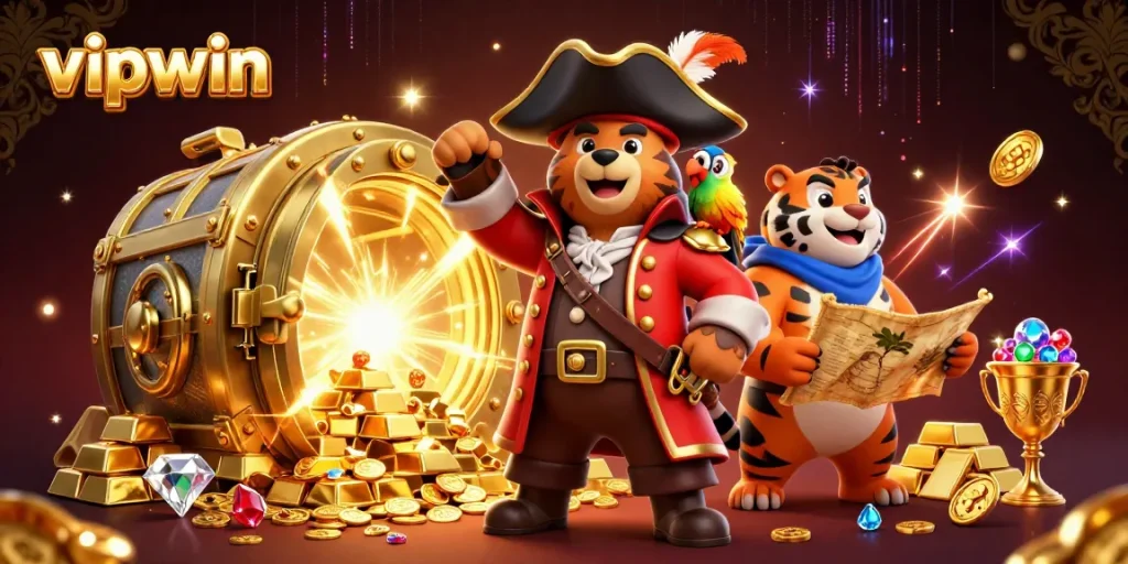 Experience the excitement of vipwin with 3D characters in a treasure vault bursting with gems and gold.