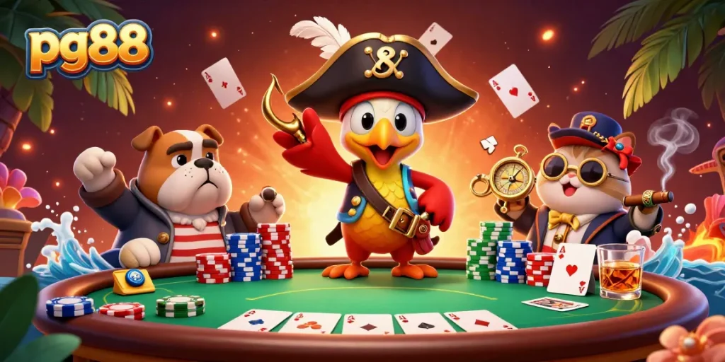 Join the excitement at pg88 with a dynamic poker scene featuring vibrant characters and game elements.