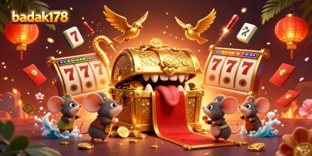 Experience thrilling adventures at badak178 with a treasure chest and animated riches.
