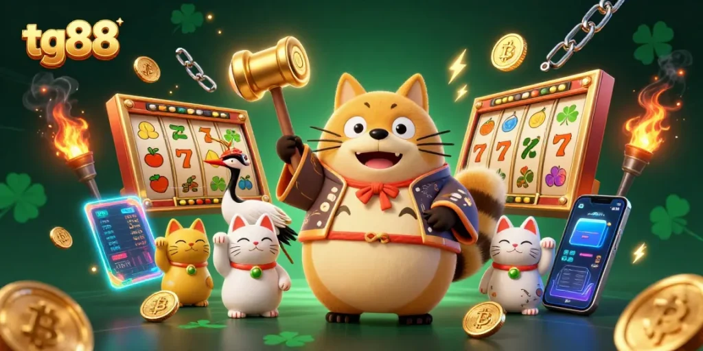 Experience the excitement of tg88 with cheerful tanuki and vibrant casino elements in a lively 3D scene.
