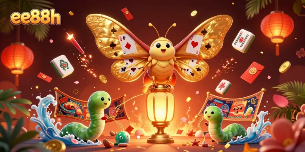 Experience the vibrant world of ee88h with golden wings, lanterns, and dynamic casino elements surrounding thrilling gameplay.