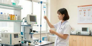 Healthcare professional assembling IV supplies in a bright clinical environment.