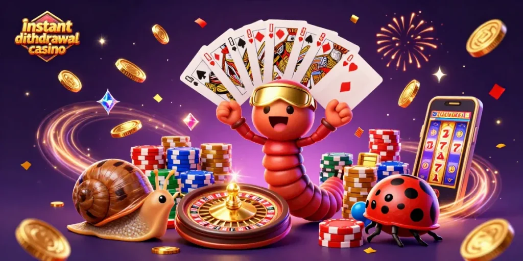 Spin to win at the instant withdrawal casino with a cartoon dealer and vibrant game elements.